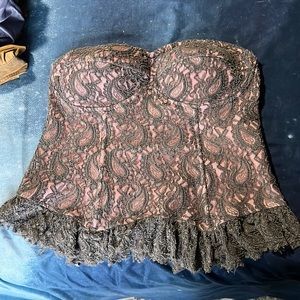 Pink and gray lace zip up corset